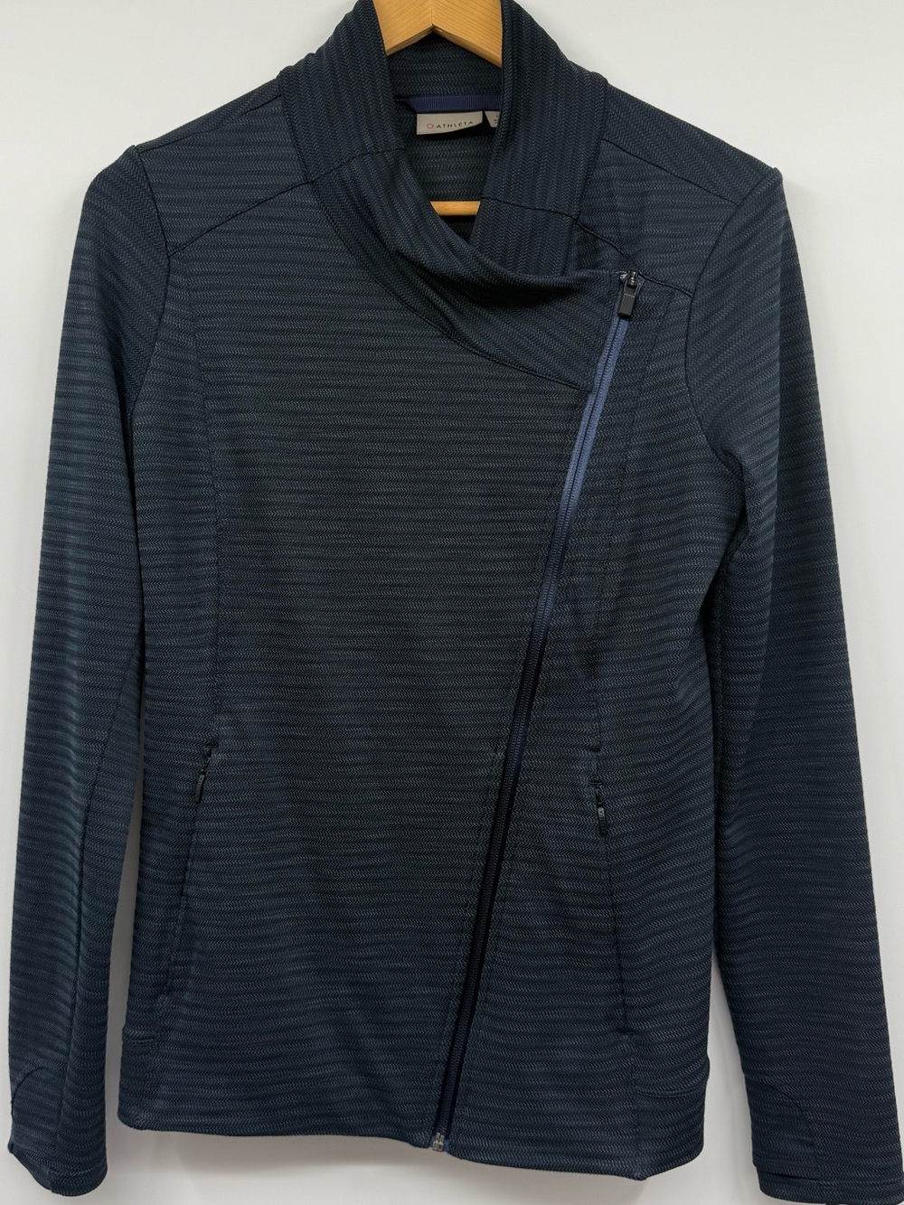 Athleta Navy Blue Jacquard Intention Asymmetrical Jacket 2.0 SZ SM Gorpcore EUC